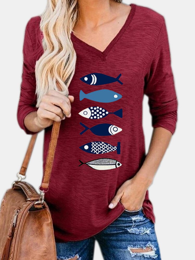 Fish Printed V neck Long Sleeve Casual Women T Shirt P1771092