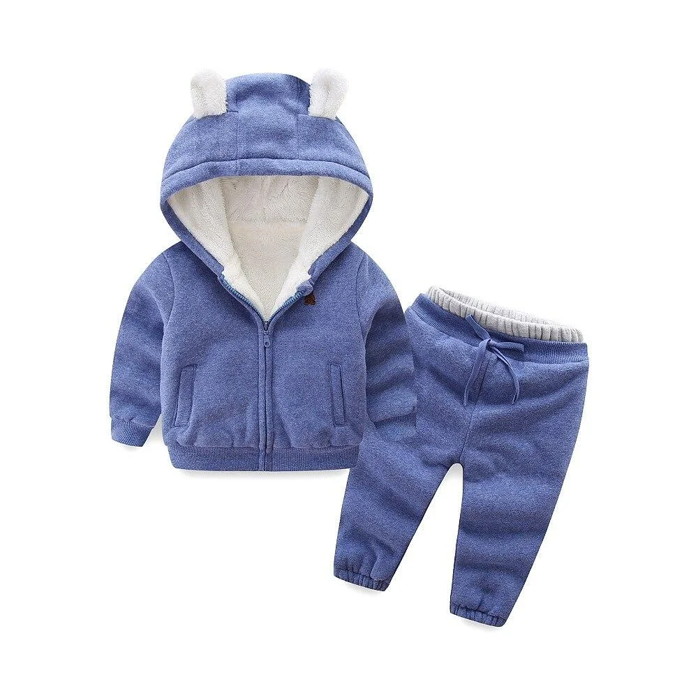 Autumn and winter boys and girls clothes set children plus fleece suit casual warm thick cartoon bear clothing sportswear