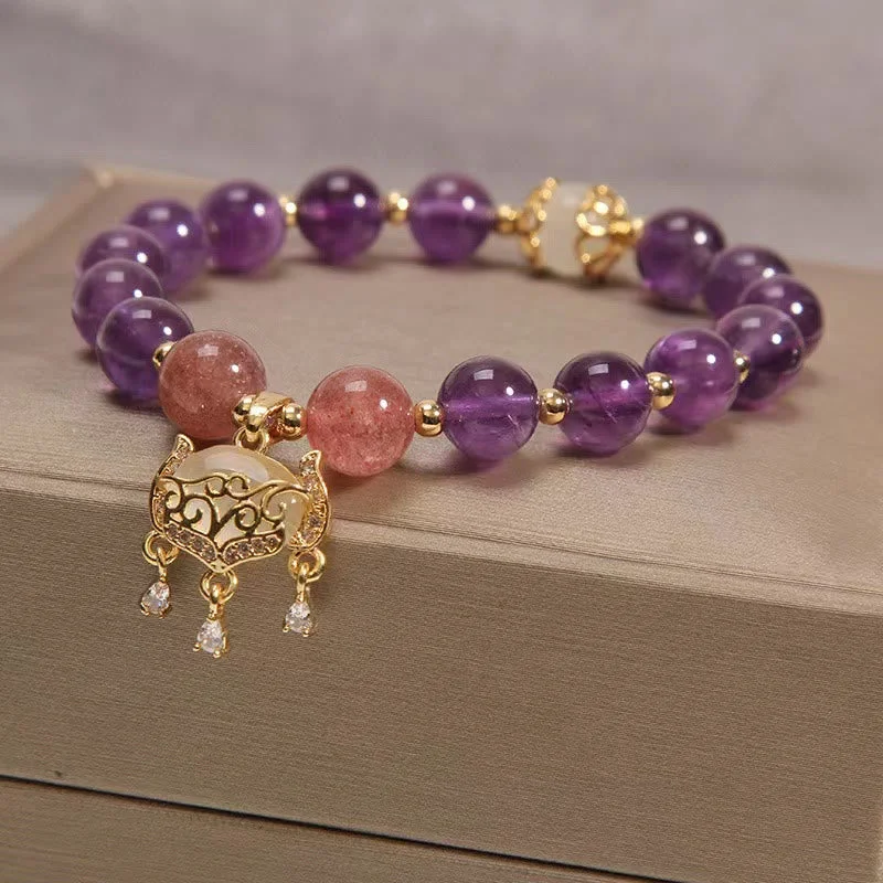 Natural Amethyst Strawberry Quartz Cat Eye Chinese Lock Charm Healing Bracelet