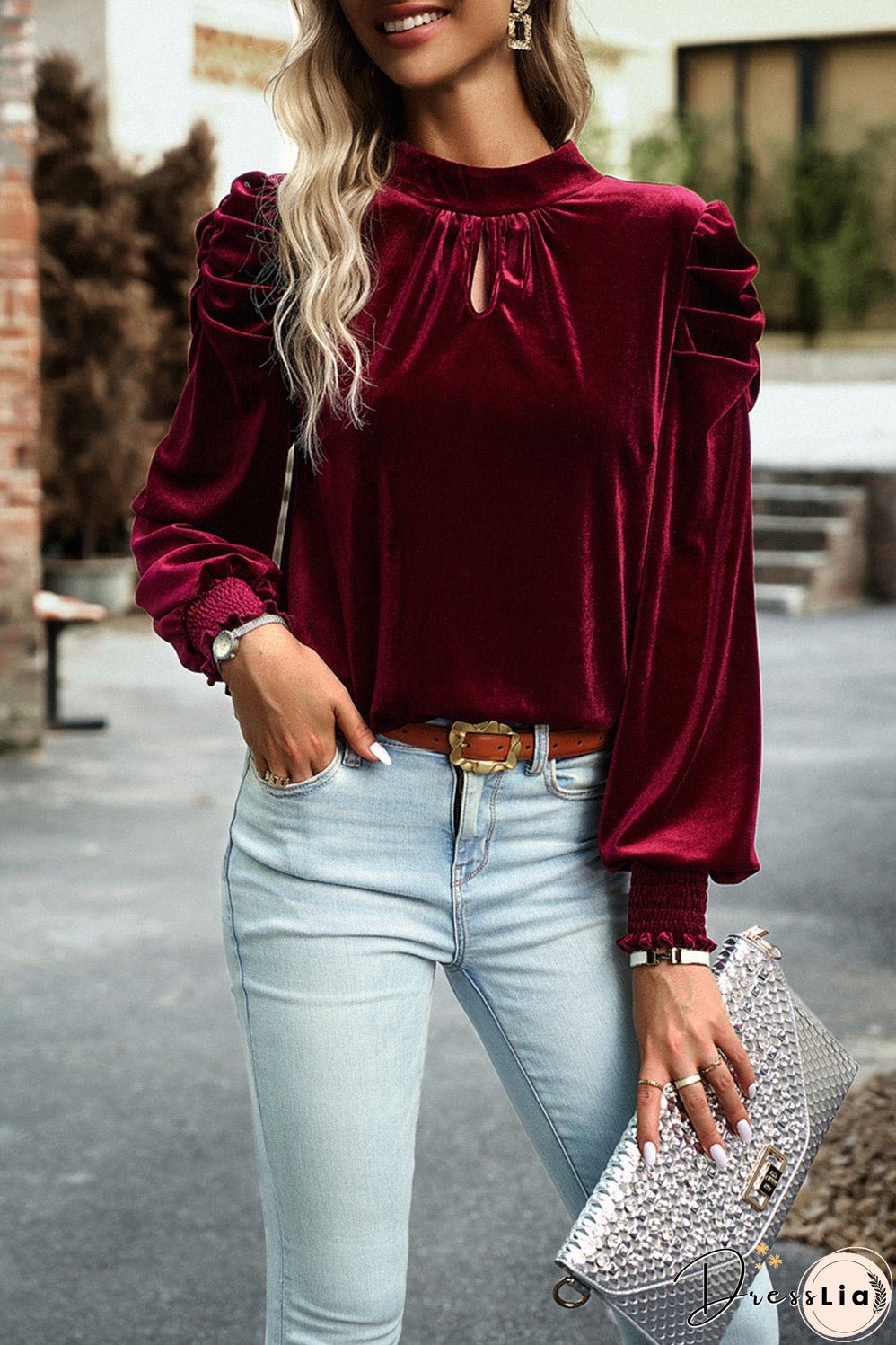 Tie Up Mock Neck Velvet Fabric Long Sleeve Blouse