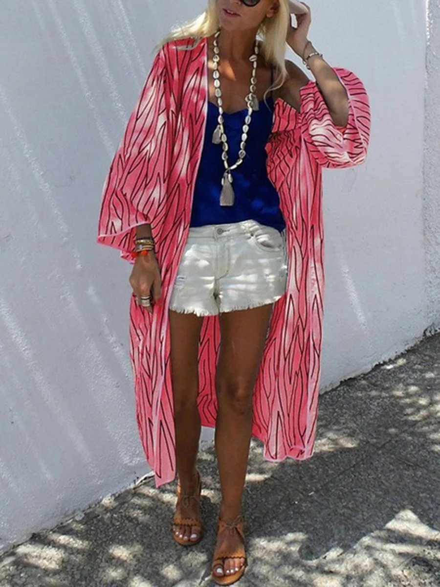 Striped Collarless 3/4 Sleeves Striped Long Cardigan