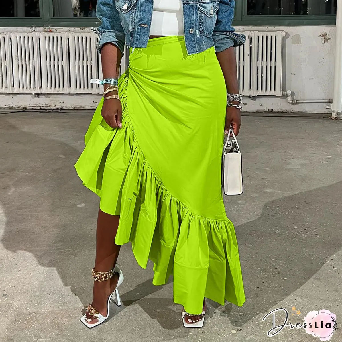 High Waist Asymmetrical Slit Ruffle Hem Skirts