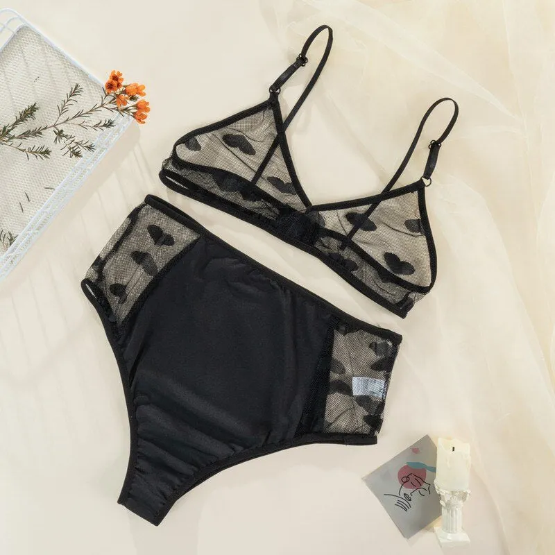 New Sexy Lingerie Underwear Polka Dot Mesh Frill Trim Lace Lingerie Set Black and Red Top Lace Invisible Bra Set Bras for Women
