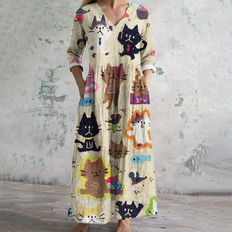 Cute Cat Print Women's V-neck Linen Maxi Dress