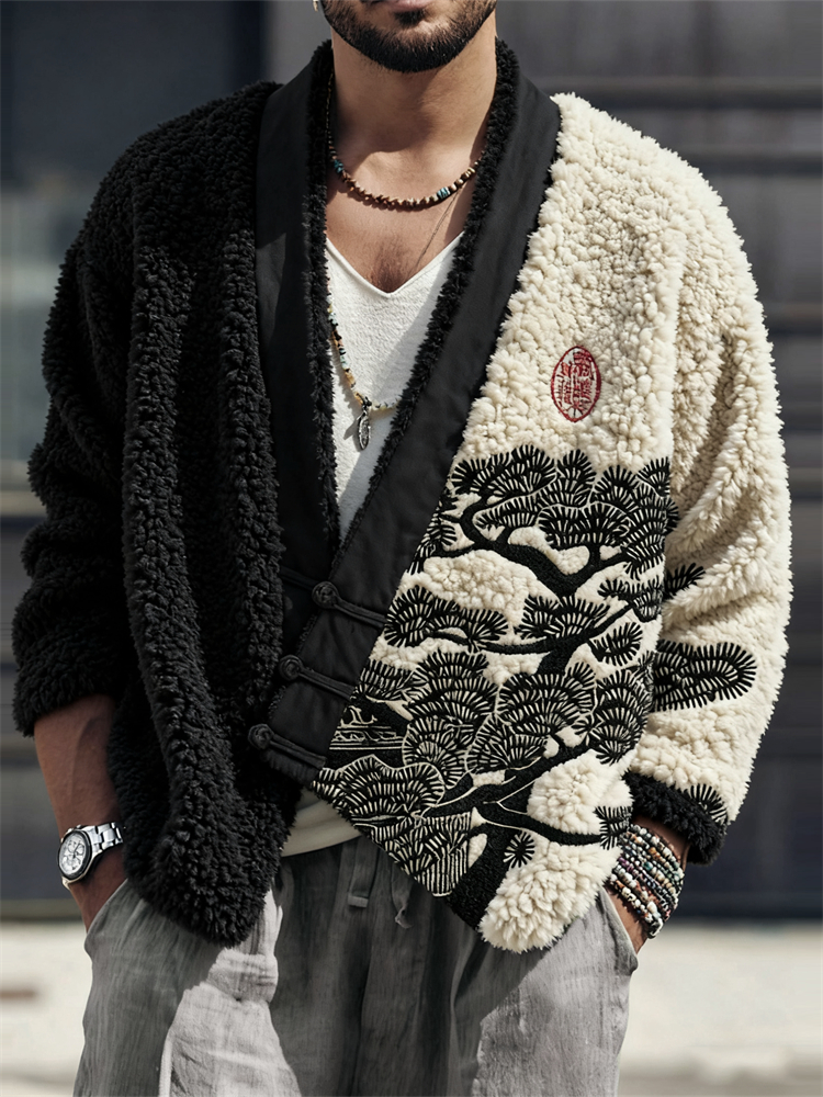 menweary Men's Japanese Pine Tree Lino Embroidered Cozy Fleece Kimono Cardigan