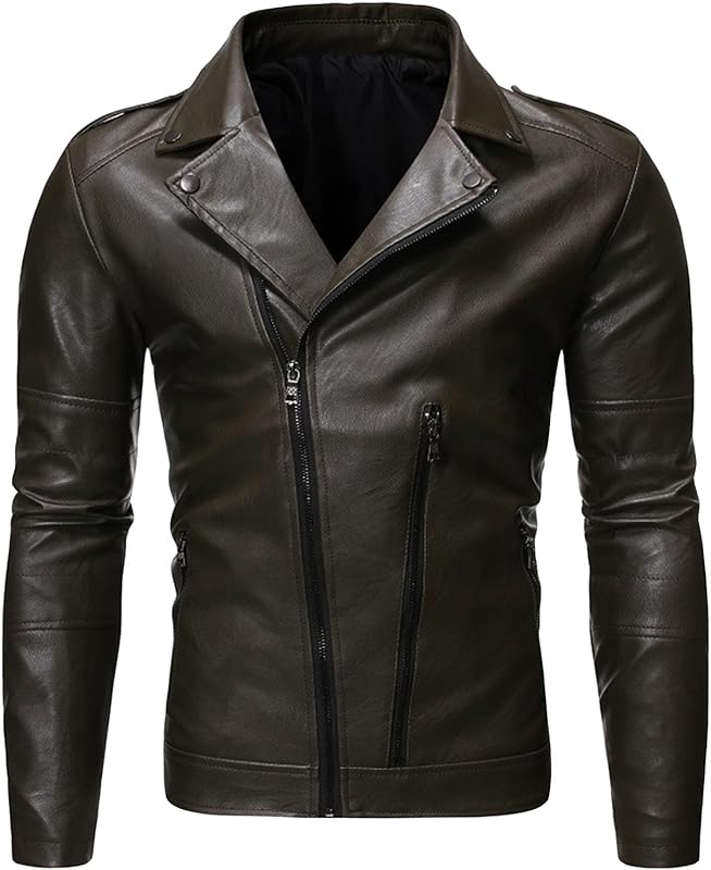 Men's Leather Jackets Motorcycle Lapel Faux Leather Jackets Vintage Asymmetric Zip Pu Leather Biker Coat Fashion Overcoat