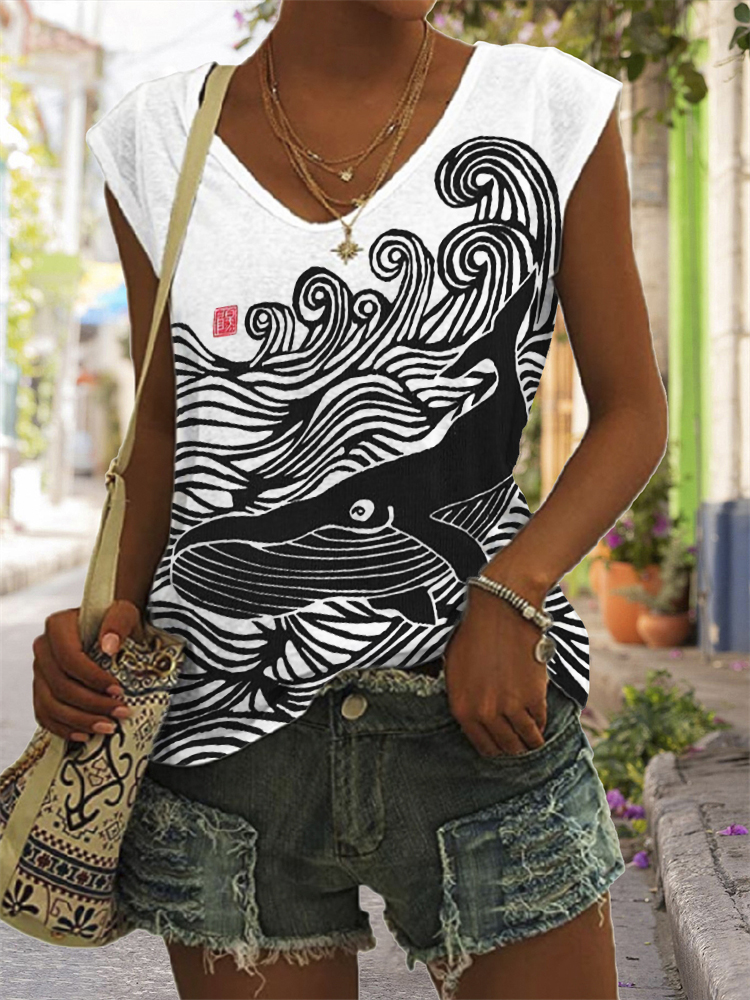 Romanshe Whale & Waves Japanese Lino Art V Neck Tank Top