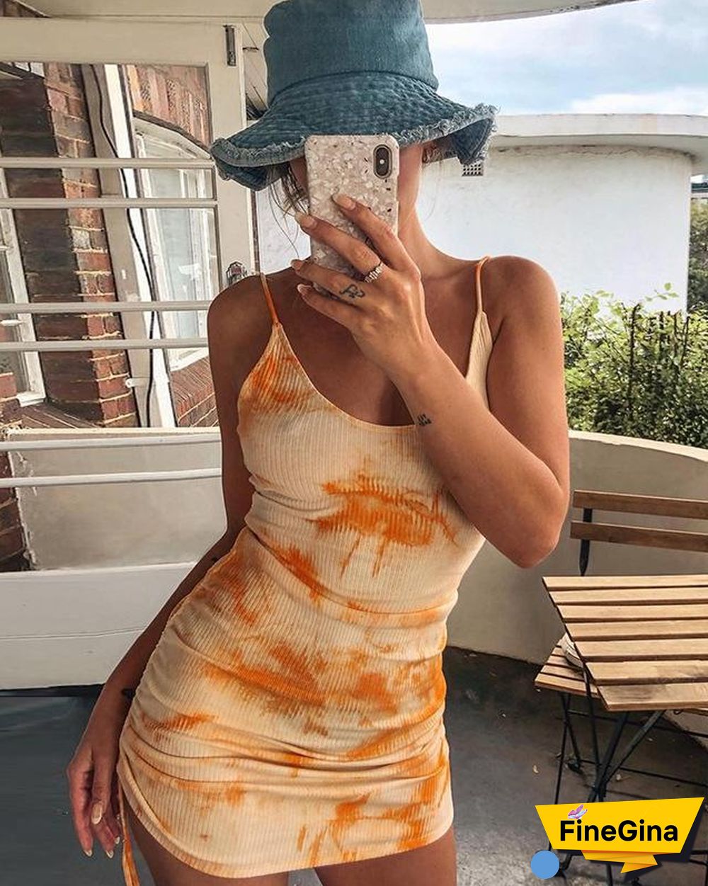 Drawstring Ruched Side Rib-knit Tie Dye Dress