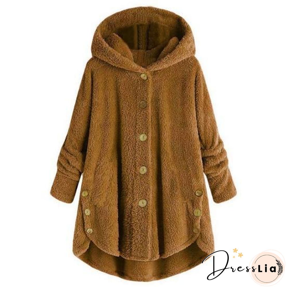 Button Solid Color Warm Coat With Hood