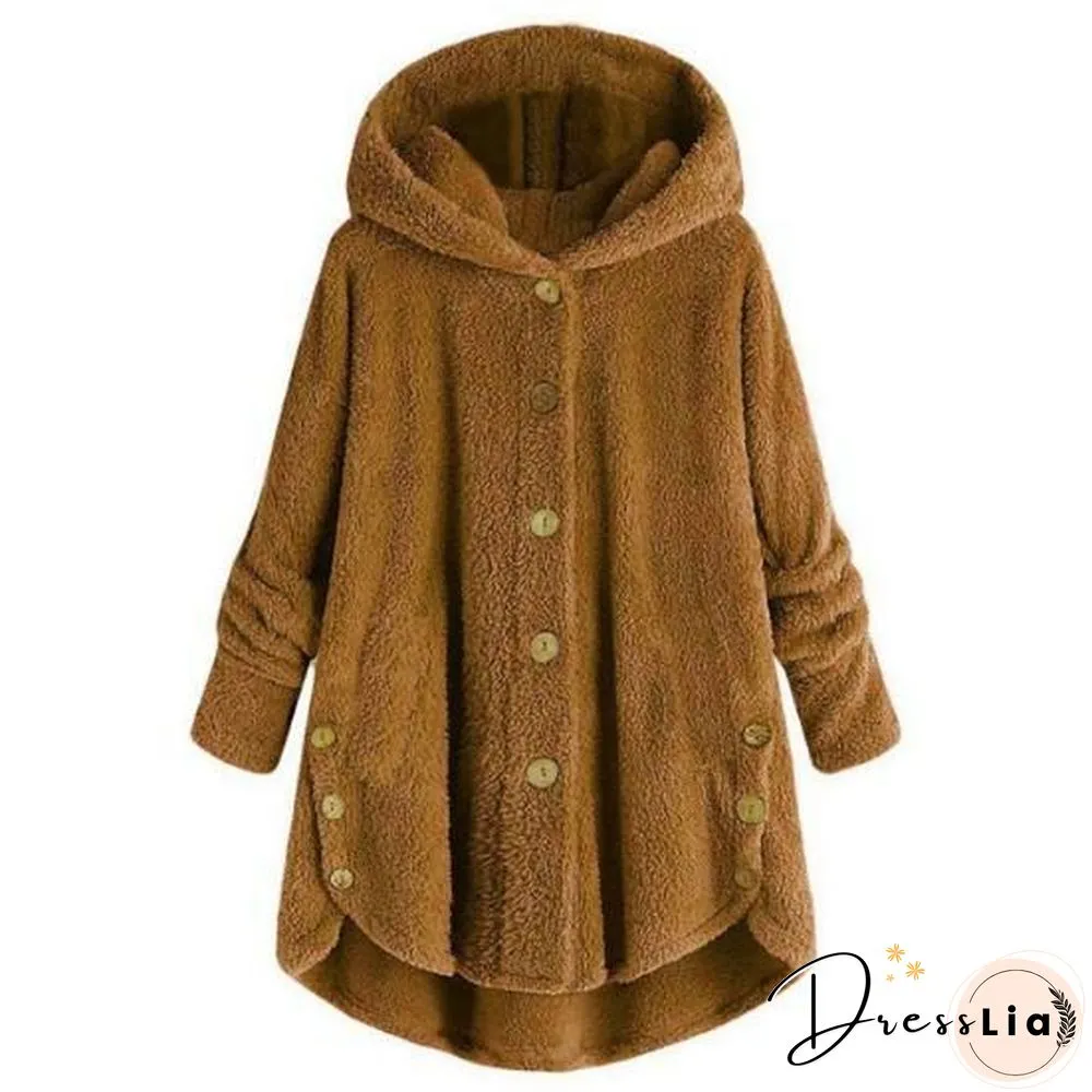 Button Solid Color Warm Coat With Hood