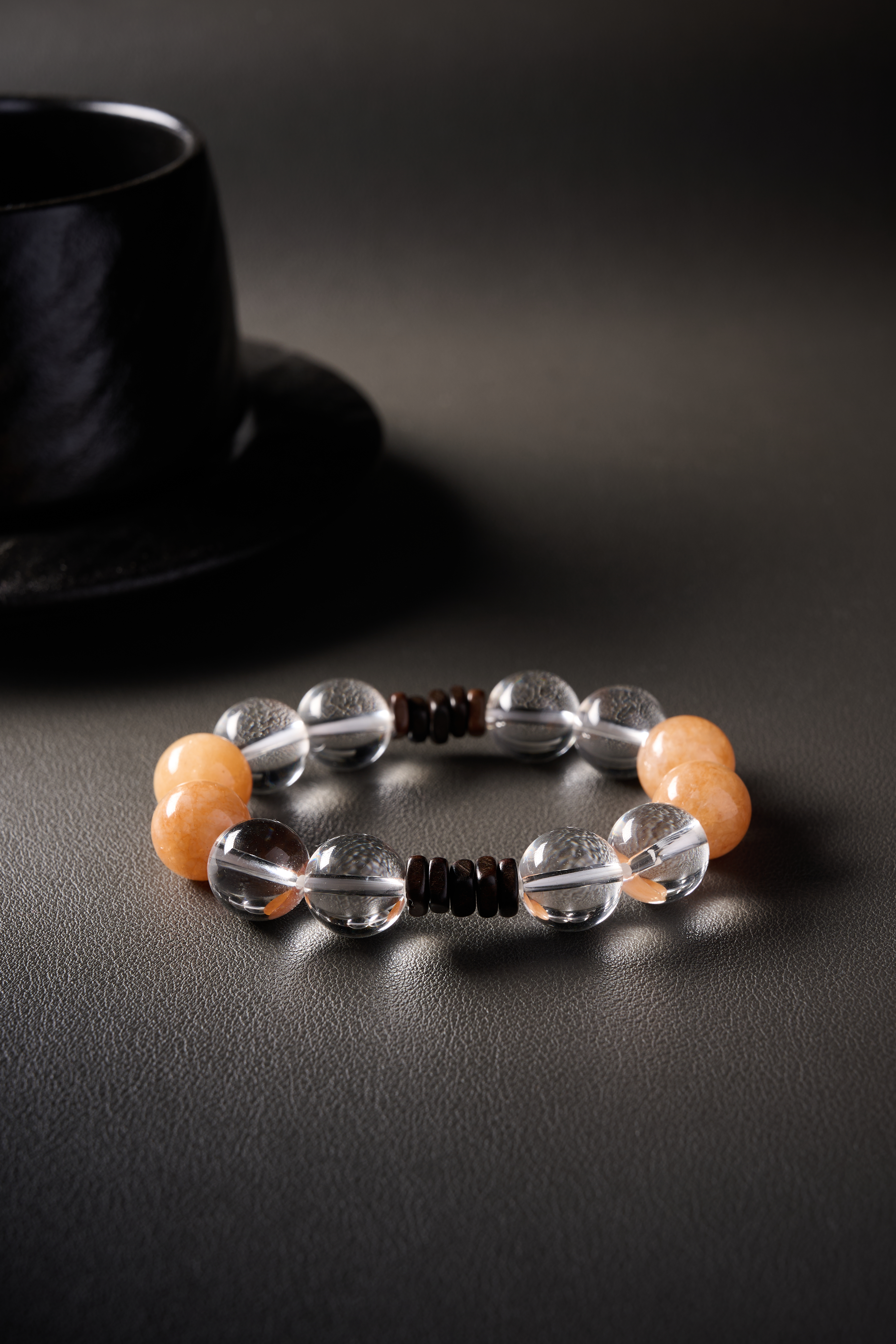 Angle view – full bracelet circle on elastic cord, evenly matched beads, handmade crystal jewelry.