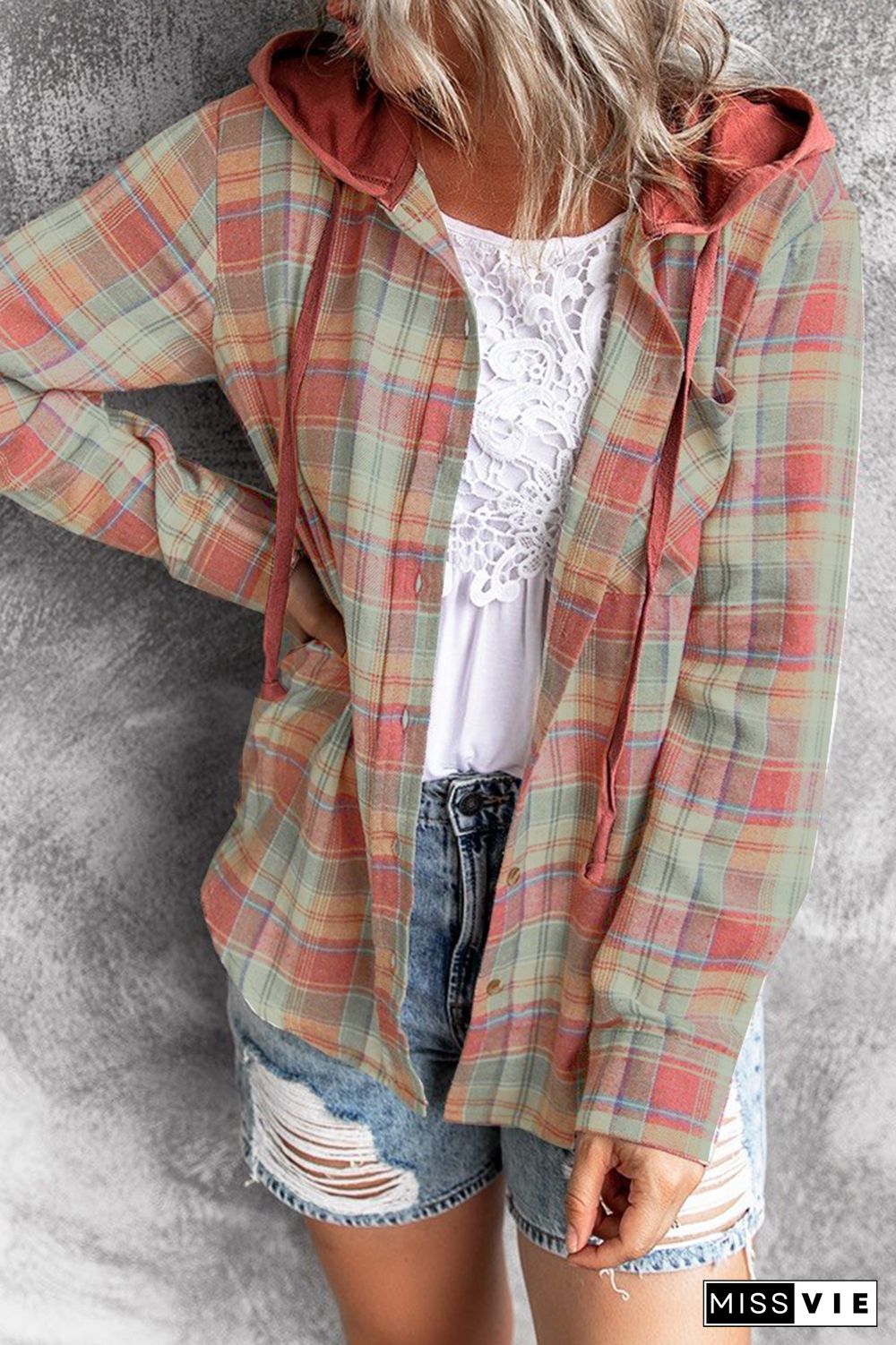 Street Plaid Frenulum Buckle Hooded Collar Tops（4 colors）