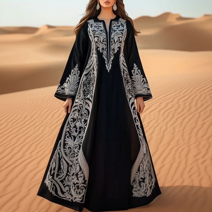 Women's Vintage Silver Arabic Geometric Pattern Print Middle Eastern V-Neck Long Sleeve Kaftan Robe Black Maxi Dress