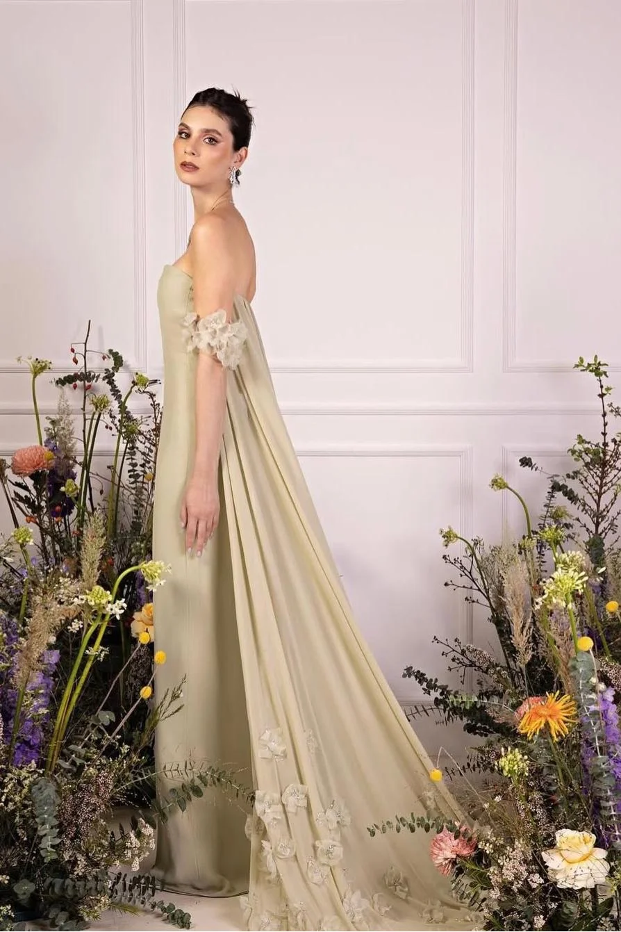 Miabel Exquisite Light Sage Satin Strapless Sleeveless Applique Prom Dress with Detachable Long Cape 