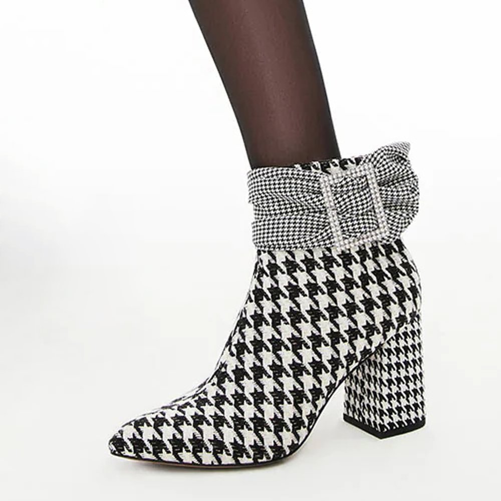 White And Black Flanel Pointed Toe Ankle Boots Chunky Heel Ankle Boots With Bow-knot Nicepairs