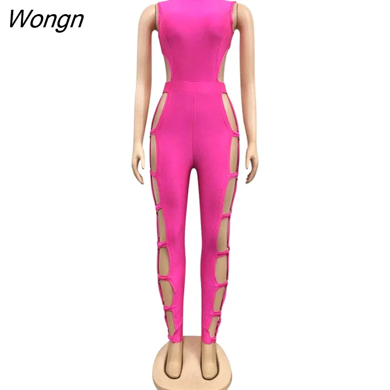 Wongn Sexy Solid Hollow Out Long Pants Buckle Jumpsuit Women Sleeveless Back Zipper O-Rings Skinny Romper Clubwear Jumpsuit