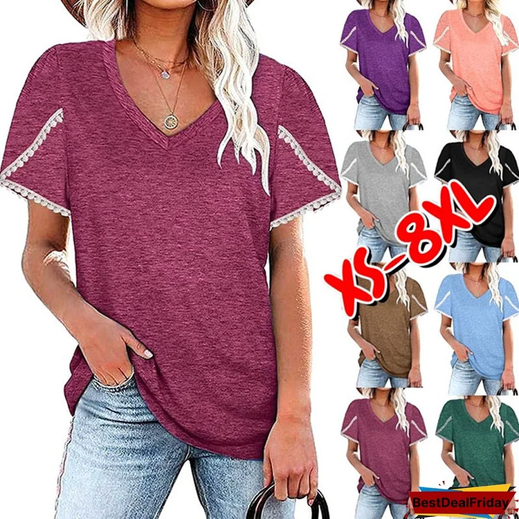 XS-8XL Spring Summer Tops Plus Size Fashion Clothes Women's Casual Short Sleeve Tee Shirts Ladies Flare Sleeves O-neck Blouses Lace Stitching Cotton Tops Solid Color Loose T-shirt