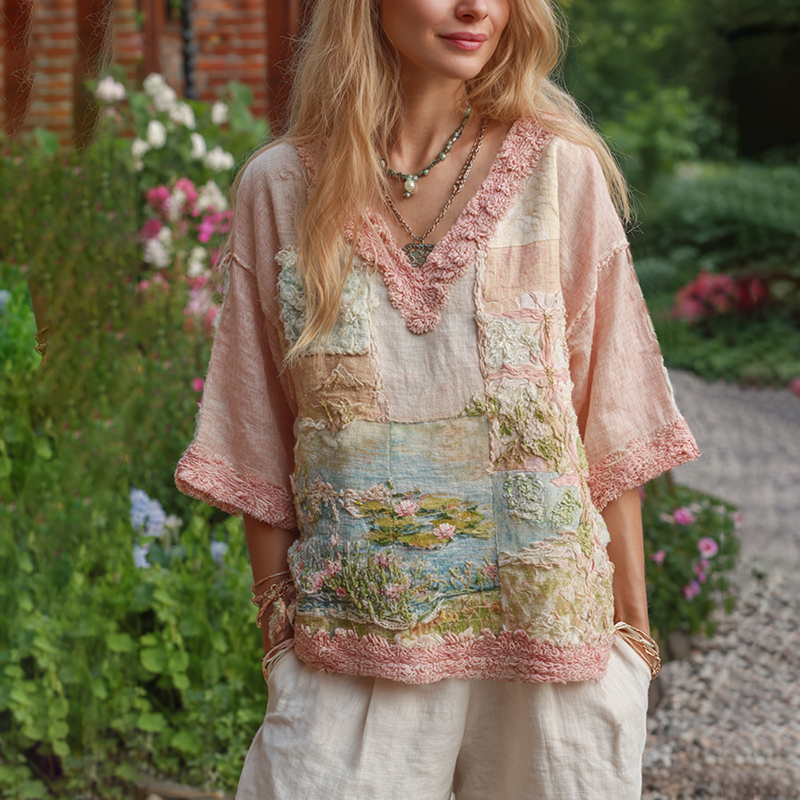 Women's Oil Painting Water Lily Inspired Patchwork Comfy Middle Sleeve Shirt  artssus