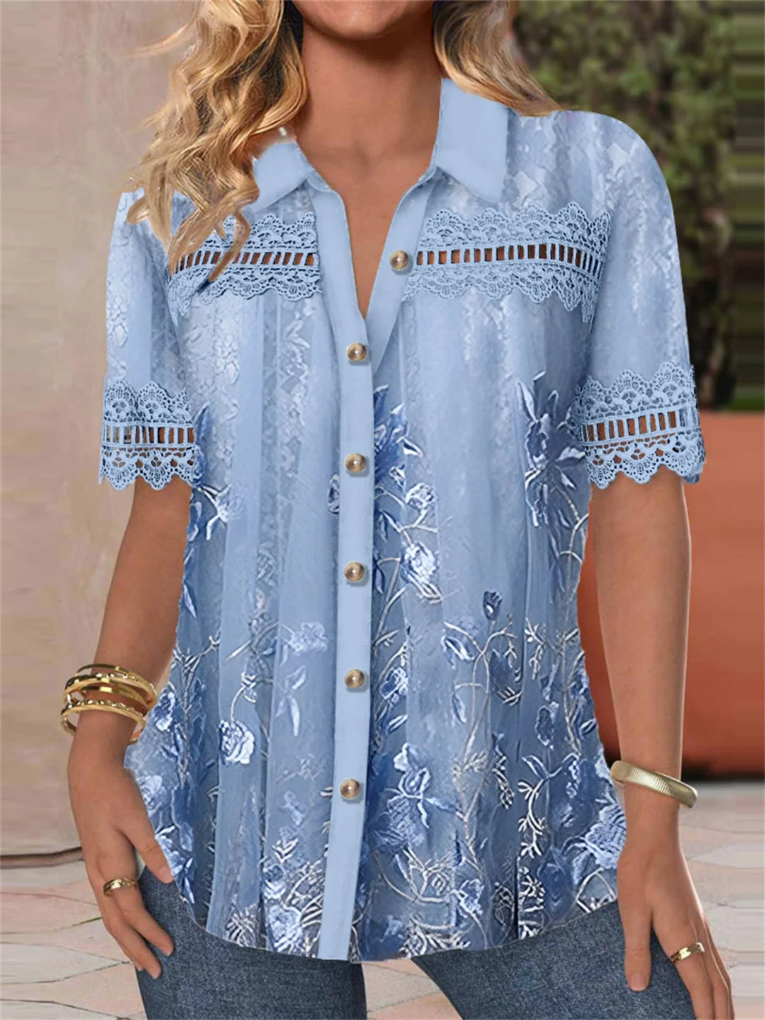 Women's Short Sleeve V-neck Lace Stitching Hollow Graphic Top