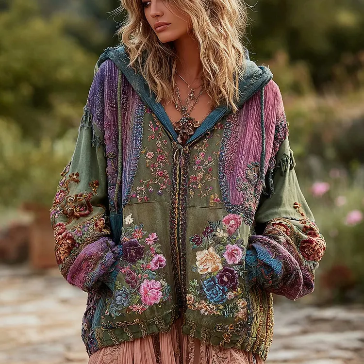 Women's Vintage Floral Pattern Comfortable Warm Zip Hooded Cardigan