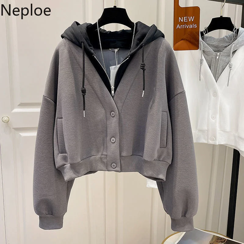 Wongn 2023 Fake Two Piece Hoodies Women Korean Patchwork Hooded Short Outwear Tops Mujer Thicked Loose Casual Y2k Sweatshirt