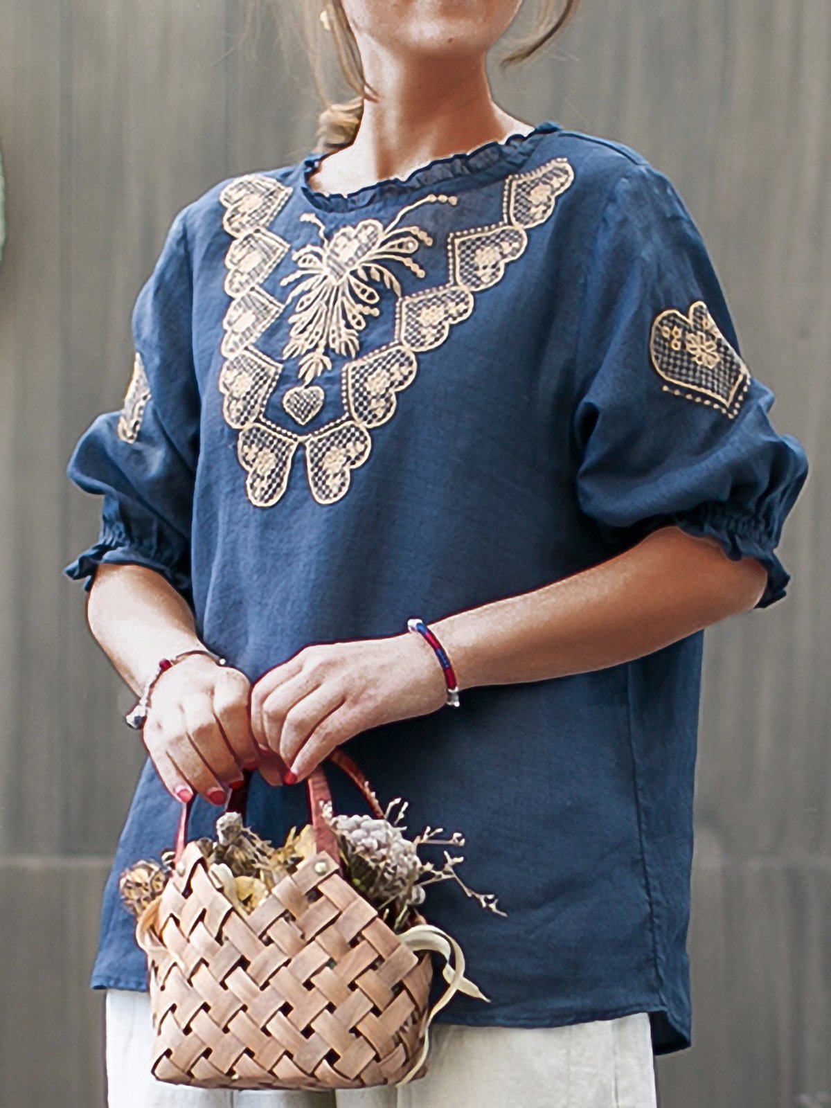 Women Embroidered Loose Lantern Sleeve Casual Top