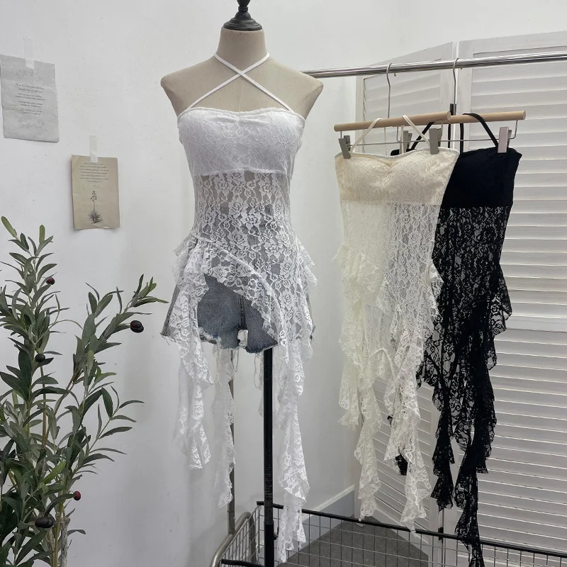 Churchf Real Patted Neck Lace Breast Pad Sling Sling Sling Waist Sling Babes Design Feeling Ribbon Mid-Long Blouse 66669