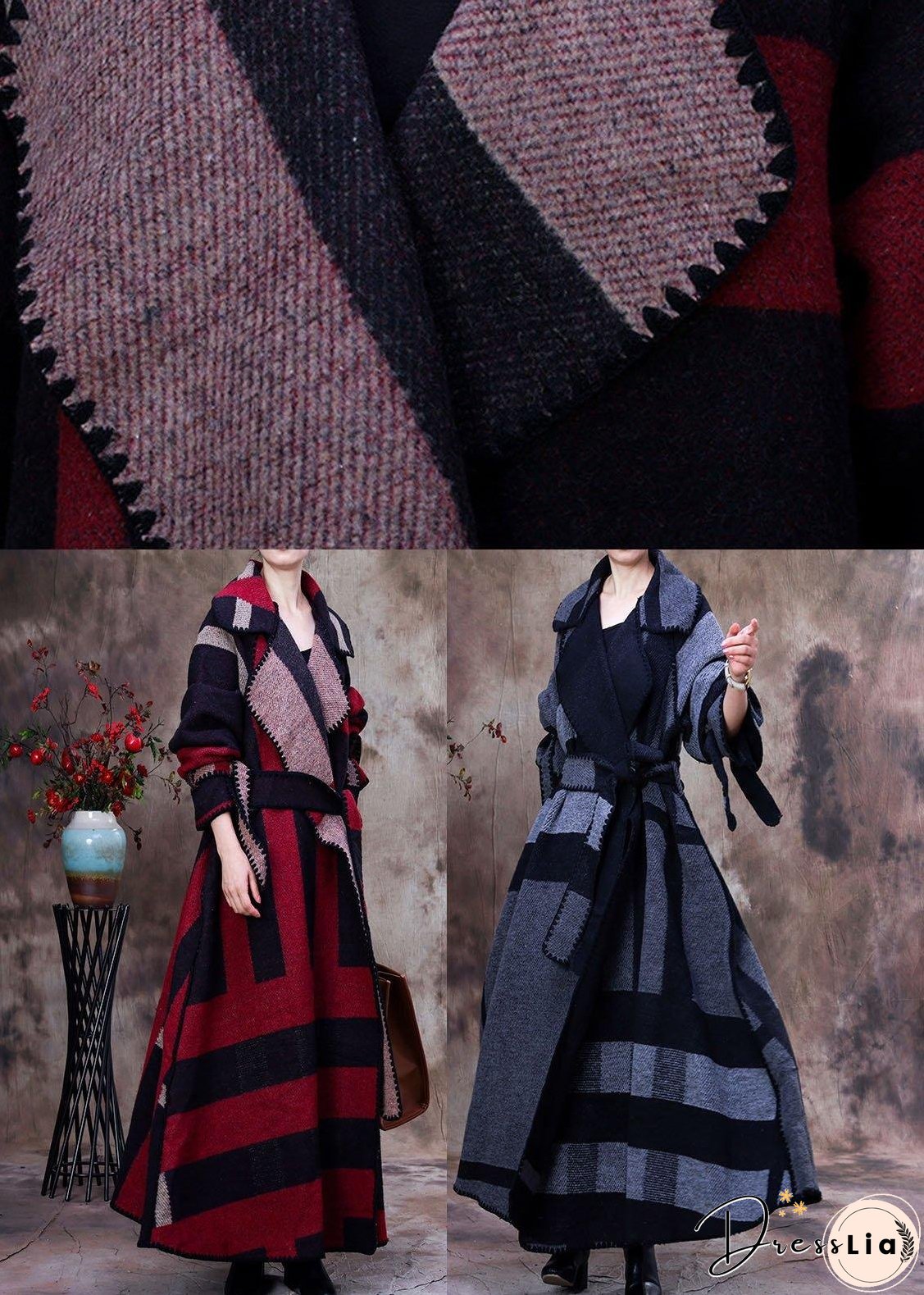Simple Red PeterPan Collar Plaid tie waist Winter Woolen Long sleeve trench coats