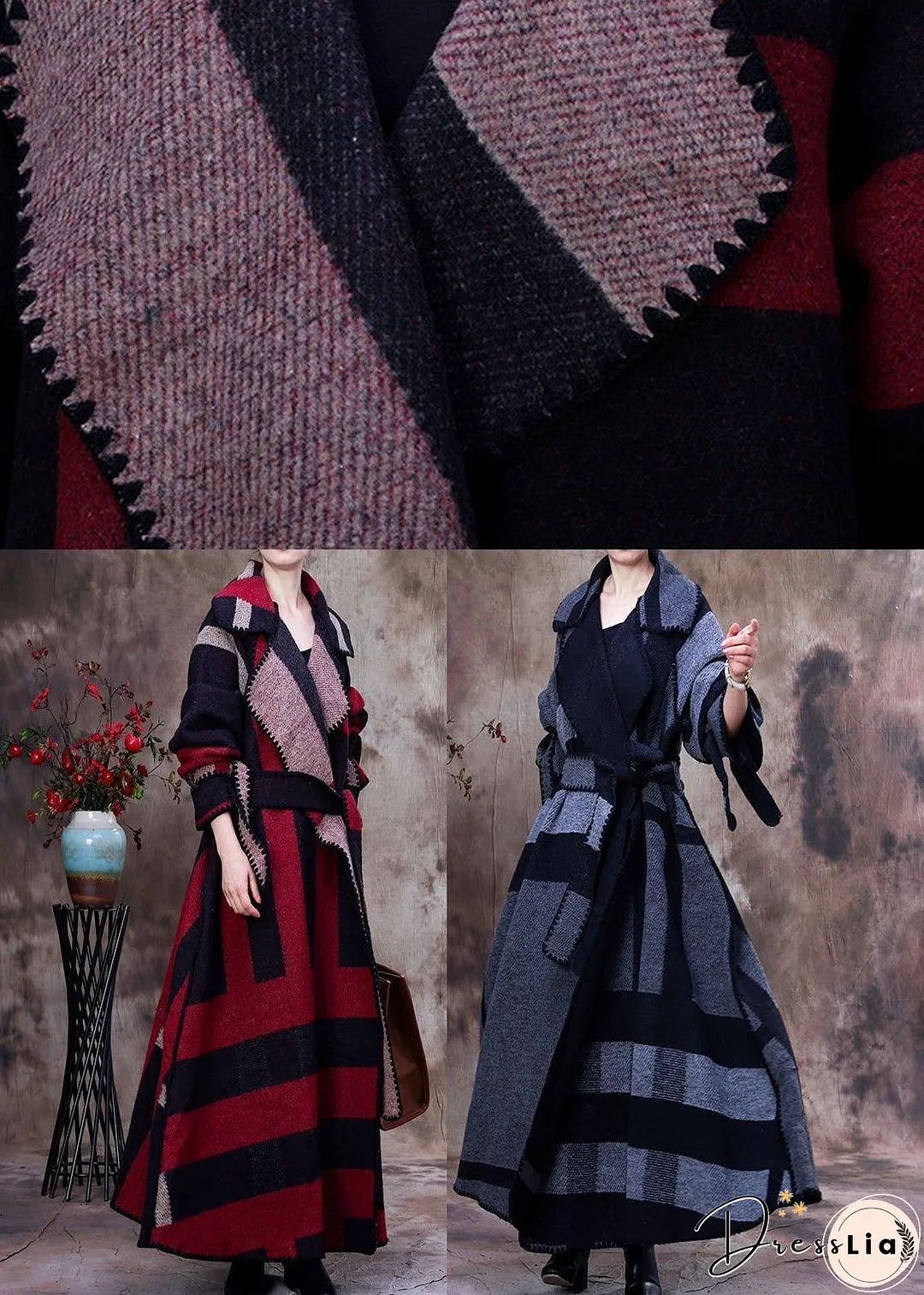 Simple Red PeterPan Collar Plaid tie waist Winter Woolen Long sleeve trench coats