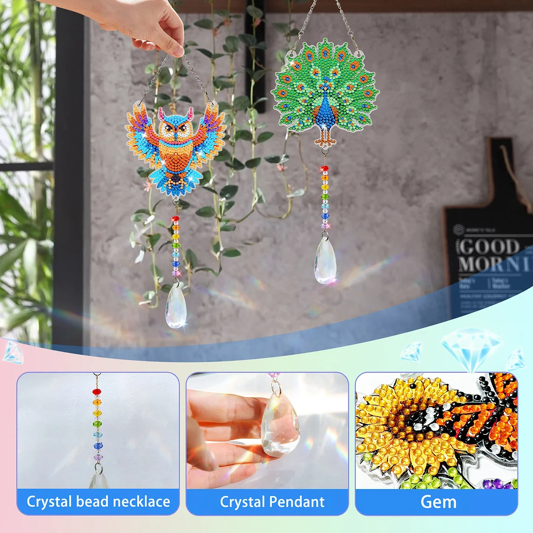 2Pcs Owl Peacock DIY Double-Sided Diamond Painting Hanging Kits Diamond Painting Suncatcher Craft Kit for Home Garden Wall Decor Gift