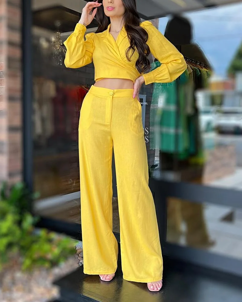 Solid Color Casual Long Sleeve Jacket Pants Set