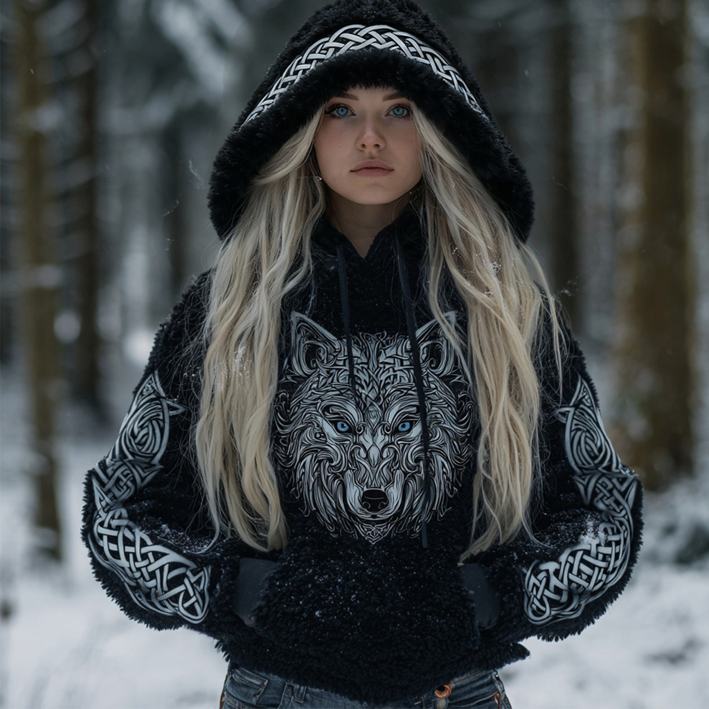 Women's Vintage Viking Celtic Knot And Wolf Pattern Plush Hoodie elevenforest