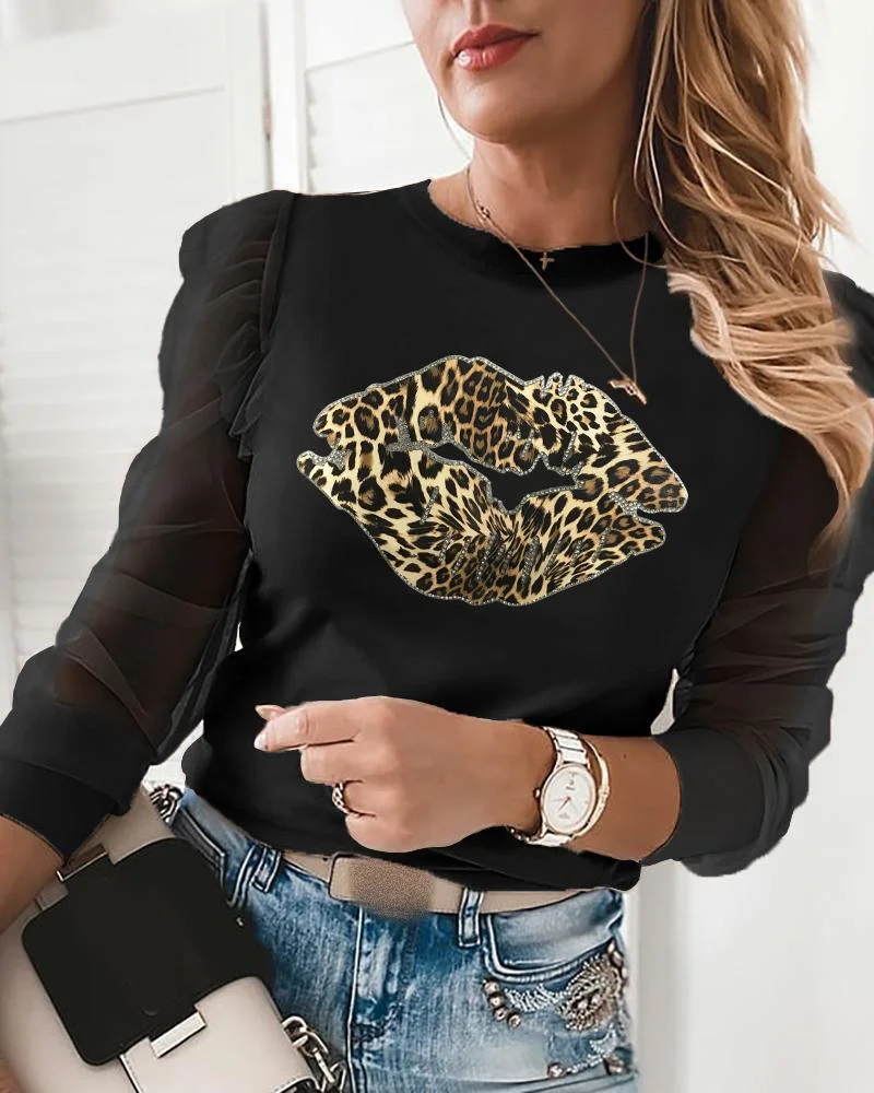 Sheer Mesh Cheetah Lip Print Puffed Sleeve Top P14713