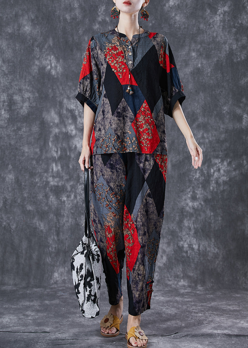 VCSHOES Red Print Oversized Cotton 2 Piece Outfit Summer