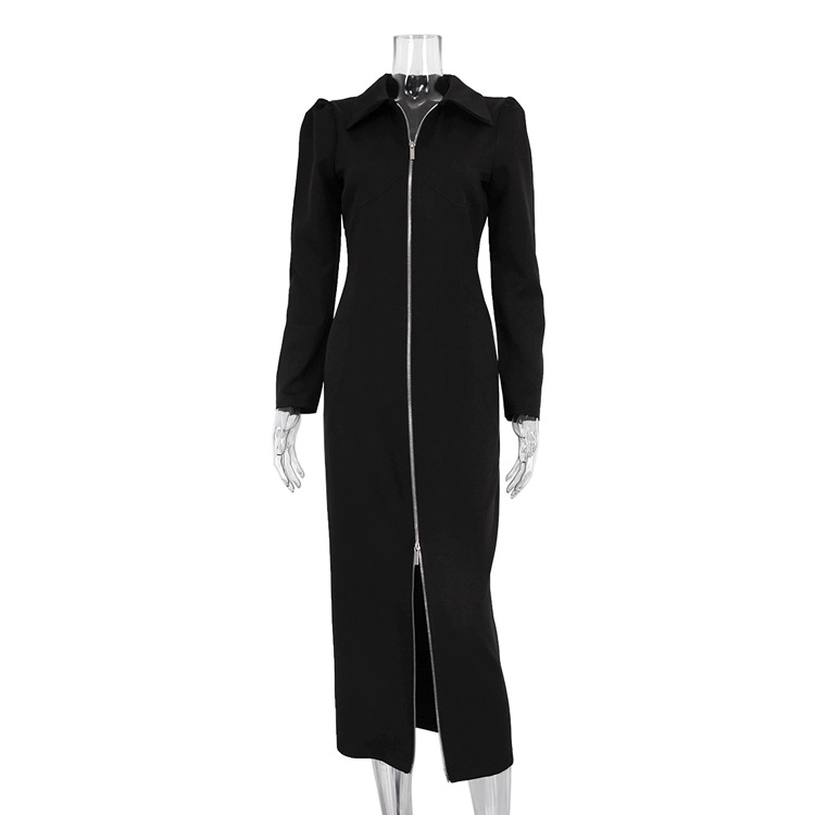 Ootddress Black Zipper Lapel Maxi Dress For Women Cardigan Fashion Patchwork Vintage Slim High Waist Elegant Streetwear Women Dress