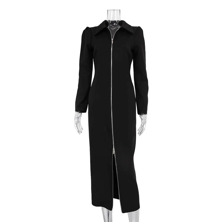 Churchf Churchf Women's 2023 New Cardigan Wrapped Hip Long Skirt Fashion Lapel Zipper Long Sleeve Black Dress