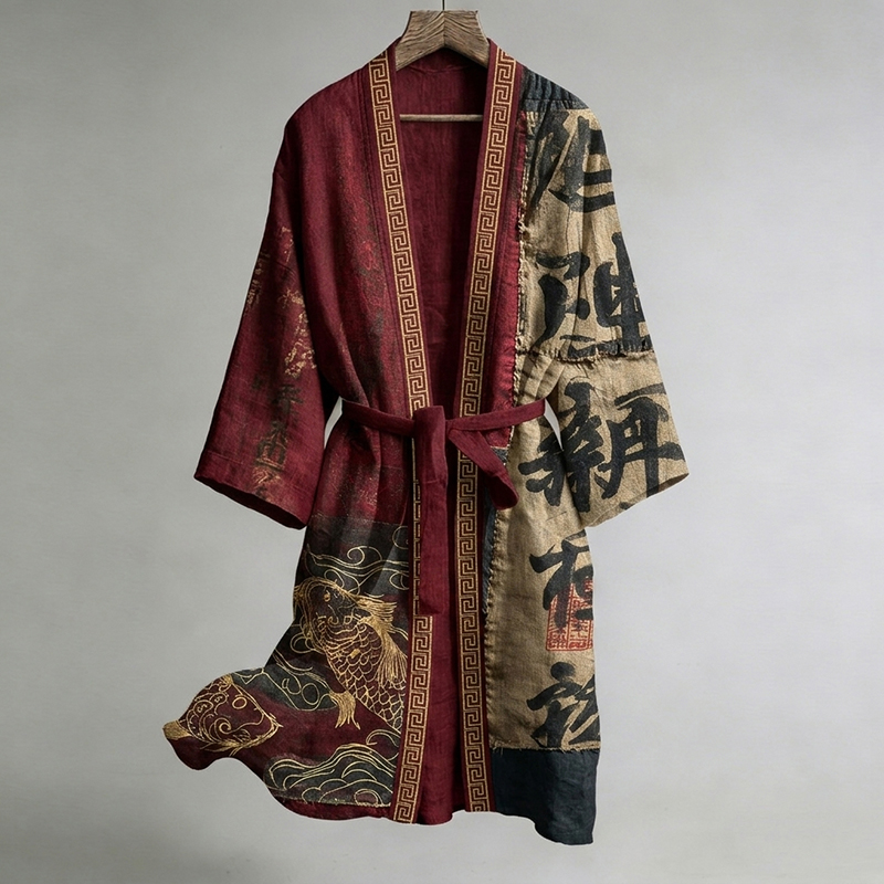 Japanese Calligraphy And Fish Art Combined With Linen Blend Kimono  artssus