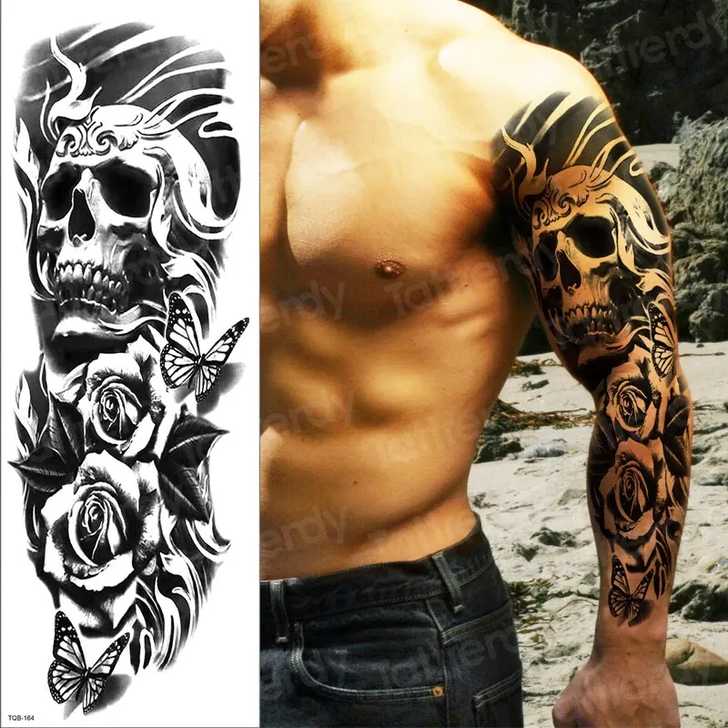 temporary tatoo men large waterproof temporary arm sleeve tattoo black robot mechanical tattoos tribal lion head king fox design