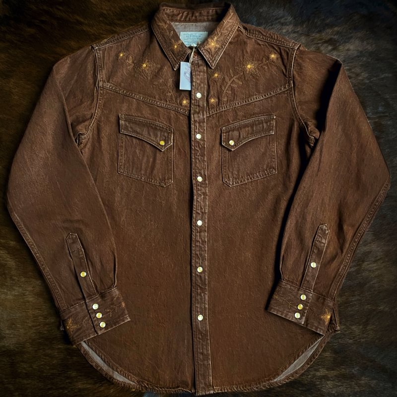 American Western Denim Embroidered Washed Distressed Long Sleeve Shirt