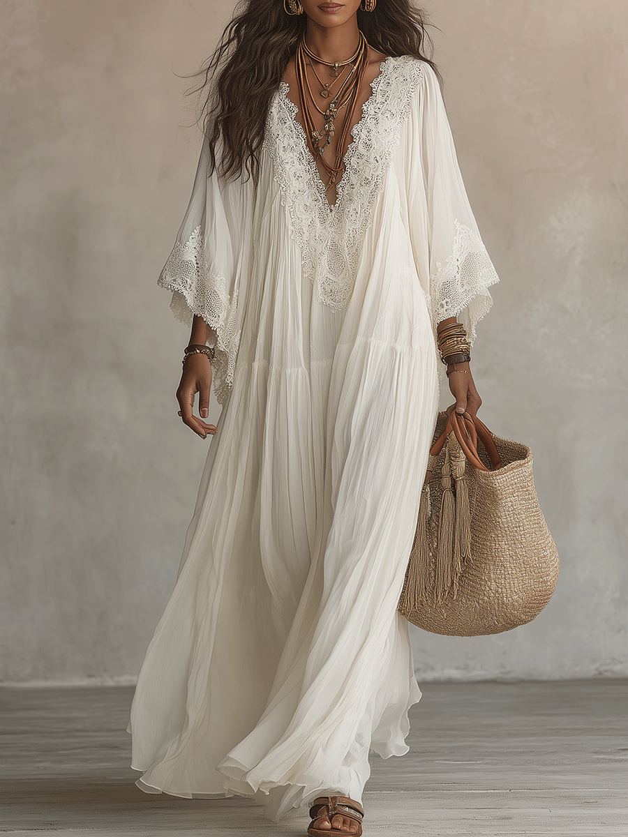 Effortless Flowy Vacation Cream White Boho Maxi Dress mysite idetrend