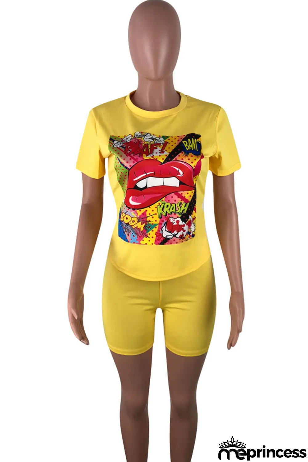 Orange Casual Letter Print Split Joint O Neck Short Sleeve Two Pieces