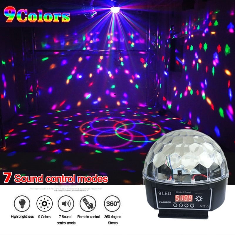 Crystal Magic Ball Led Stage Lamp 7 Sound Control Modes 9 Colors 27W Stage Lighting Disco Laser Light Party Lights Lumiere Laser