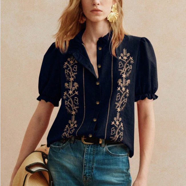 Floral Embroidered Ruffle Collar Puff Short Sleeve Blouse