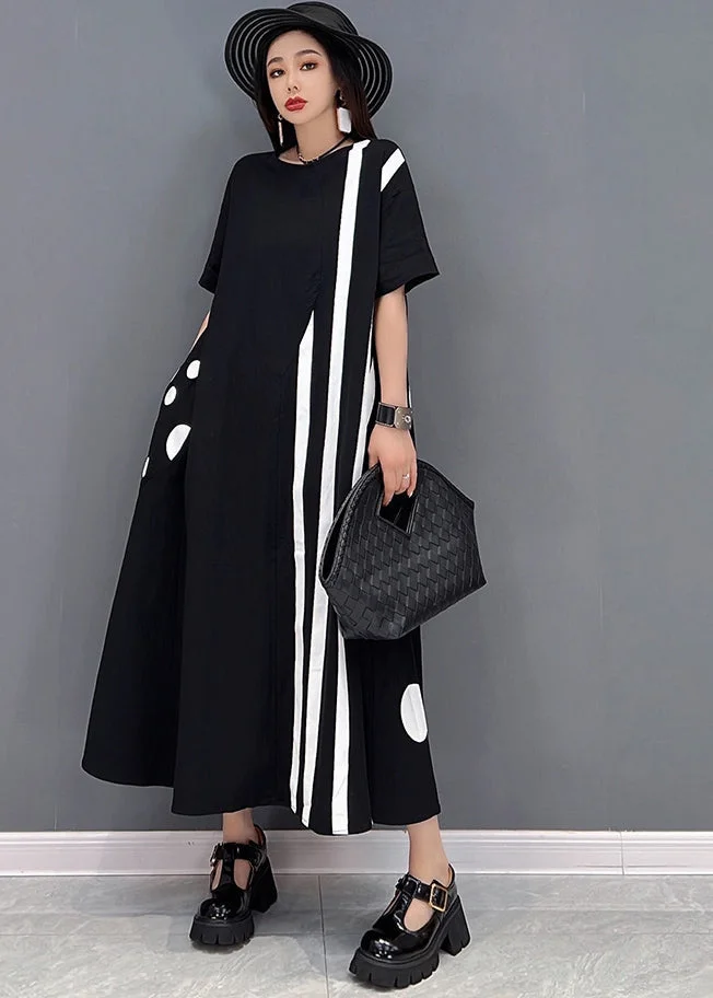 5.25Plus Size Black O-Neck Asymmetrical Cotton Maxi Dresses Short Sleeve