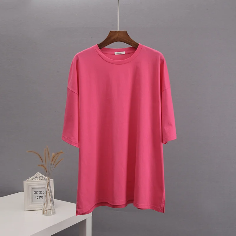 Athvotar Athvotar Loose Open Fork Cotton Short-Sleeved T-Shirt Women Comfortable Round Neck Solid Color T Hot Sale