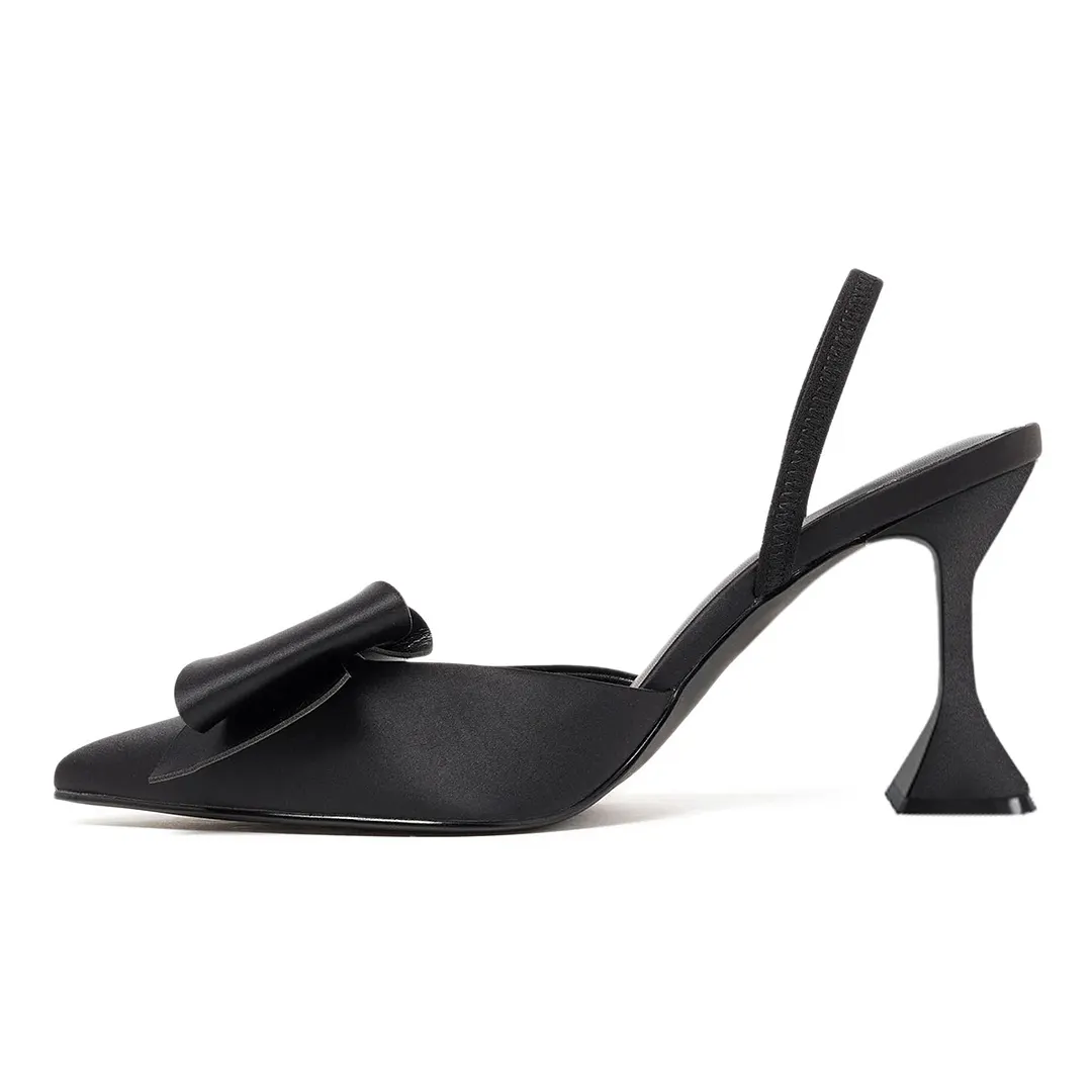 Pointed Toe Bow Flared Heel Slingback Black Pumps for Women