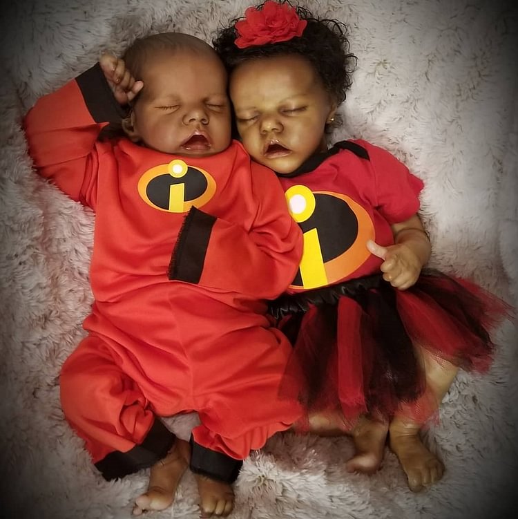 Reborn Baby Twin Boy and GIrl 17" Real Lifelike Cute Silicone Reborn Black Baby Twins Doll Set,Gift for Kids Rebornartdoll® Rebornartdoll®