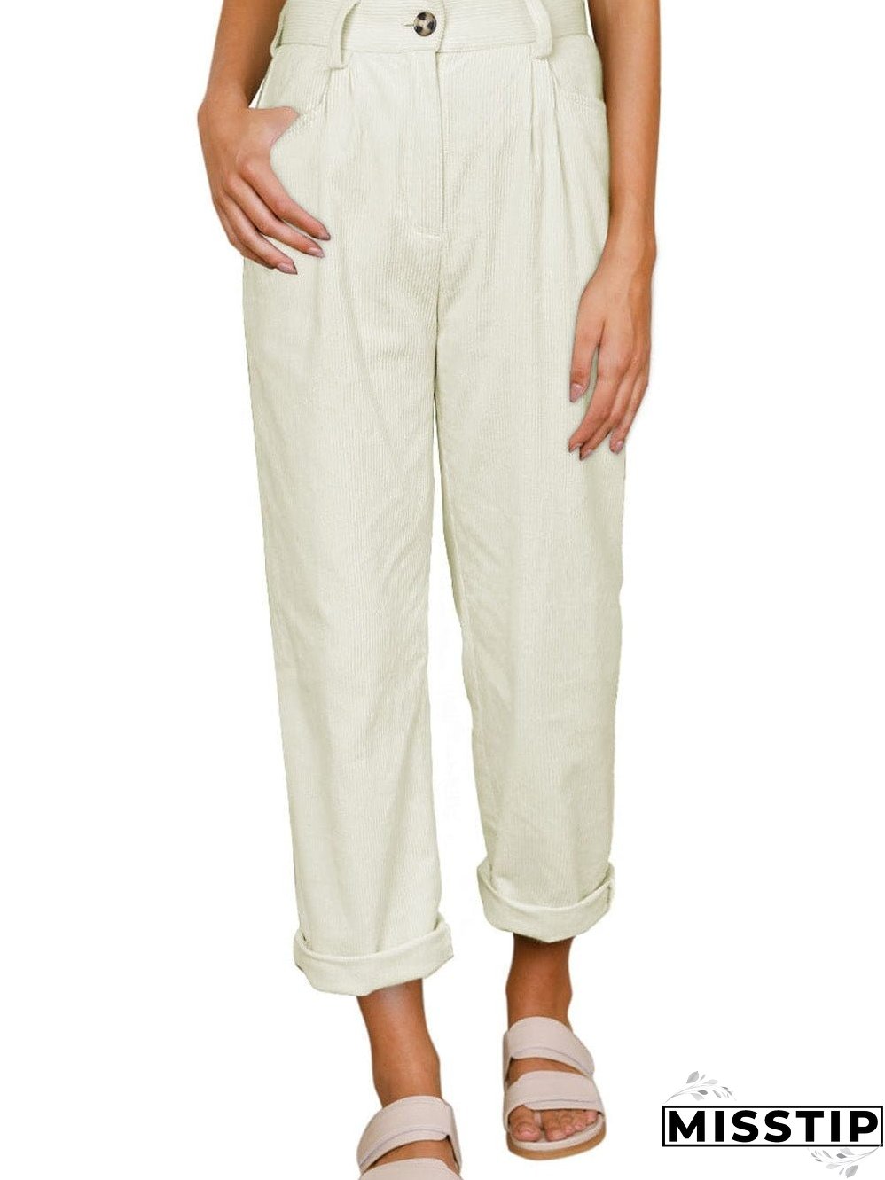 Beige Corduroy High Waist Trousers for Winter Casual Wear