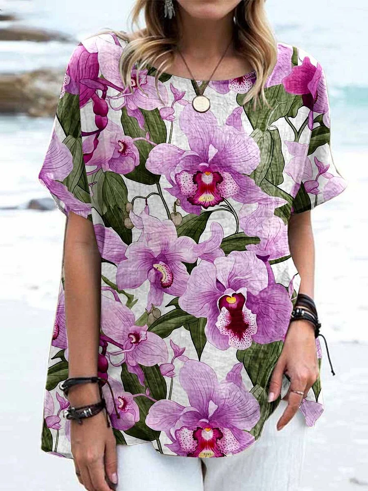 Women's Elegant Orchid Floral Pattern Cotton and Linen Top