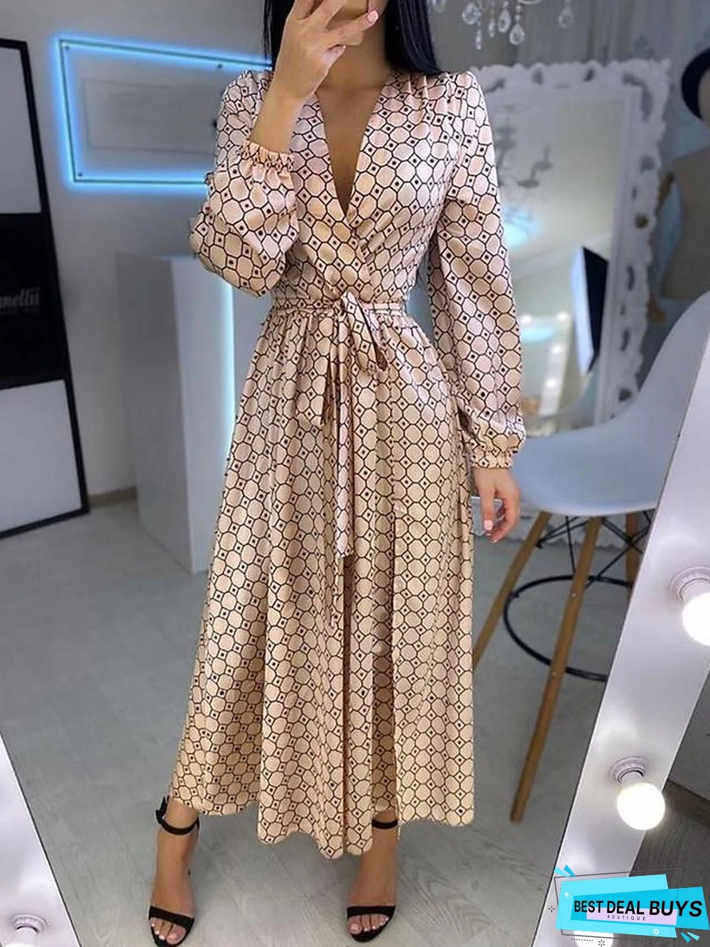 Women's Swing Dress Maxi Long Dress Long Sleeve Geometric Patchwork Print Spring Summer Hot Casual Lantern Sleeve Gold